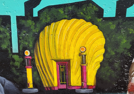 Mural painting of a shell shaped shell station